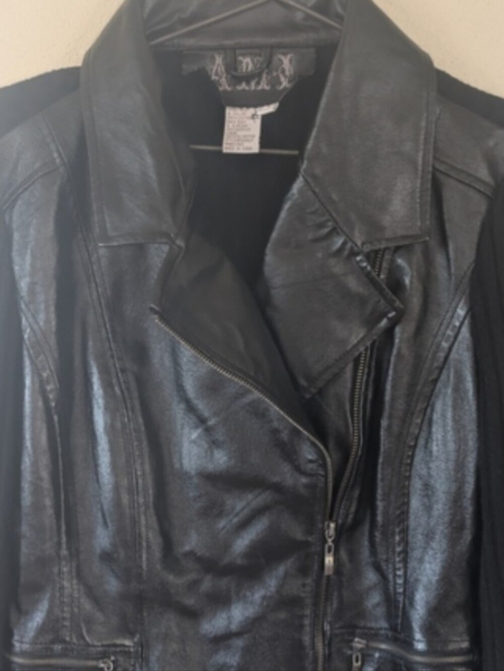 Black Leather Moto Jacket With Knit Sleeves- Women PL
